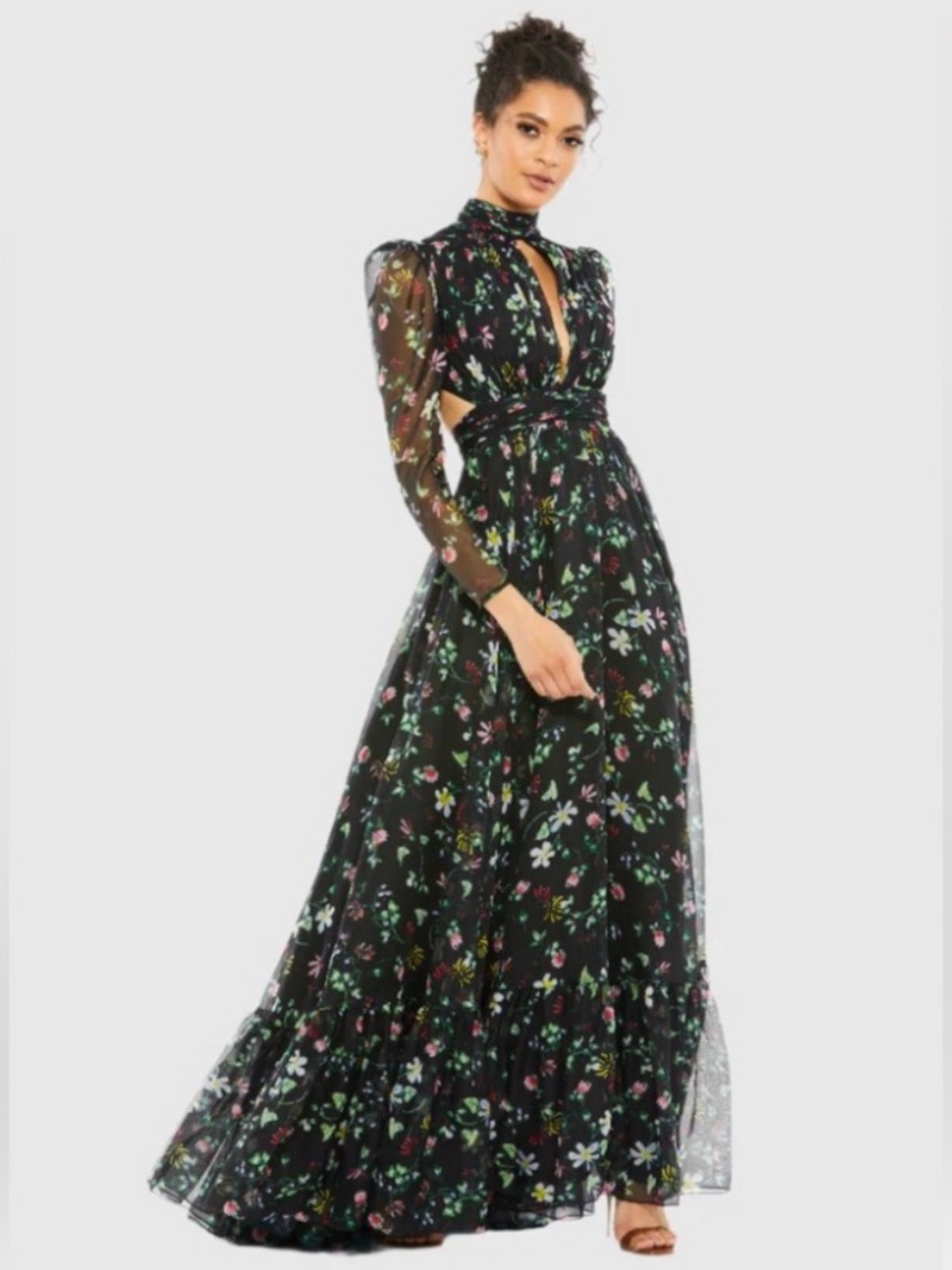 Mac Duggal NEW Black Multicolor Floral High Neck Puff Sleeve Lace Up Back Gown
